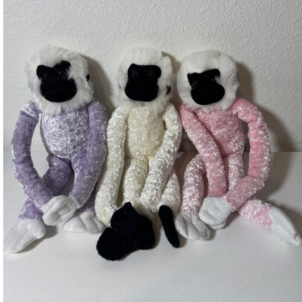 Dollar Tree Hanging Monkey Pink Purple White Plush Stuffed Animal (Set of 3) 15"